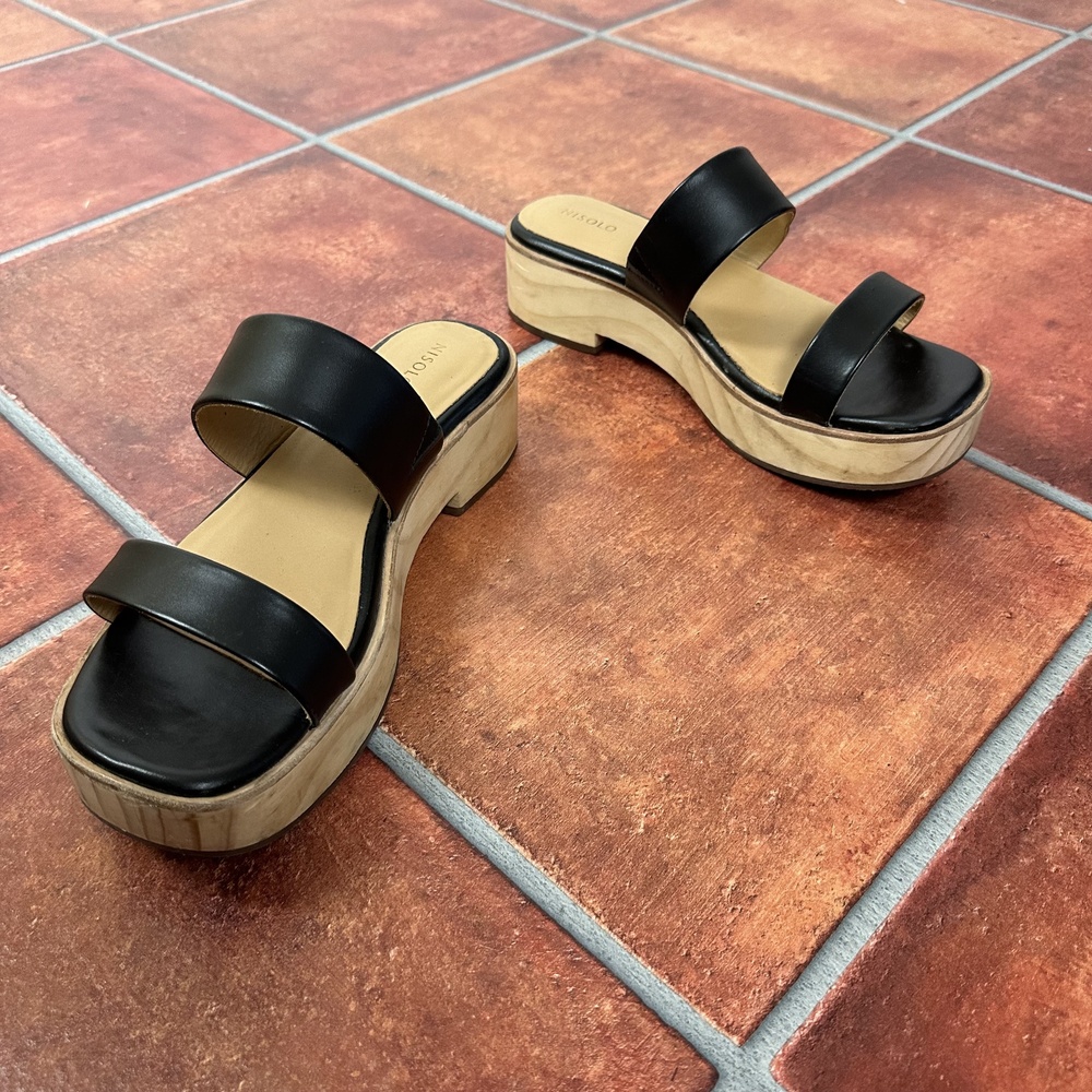 Nisolo Black Leather Double-Strap Platform Sandals with Tan Wood-Look Sole